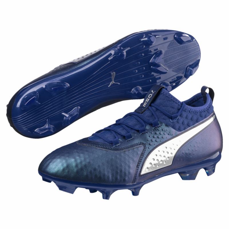 Chaussure de Foot Puma One 2 Cuir Fg Homme Bleu/Argent/Bleu Marine Soldes 883RLNDY
